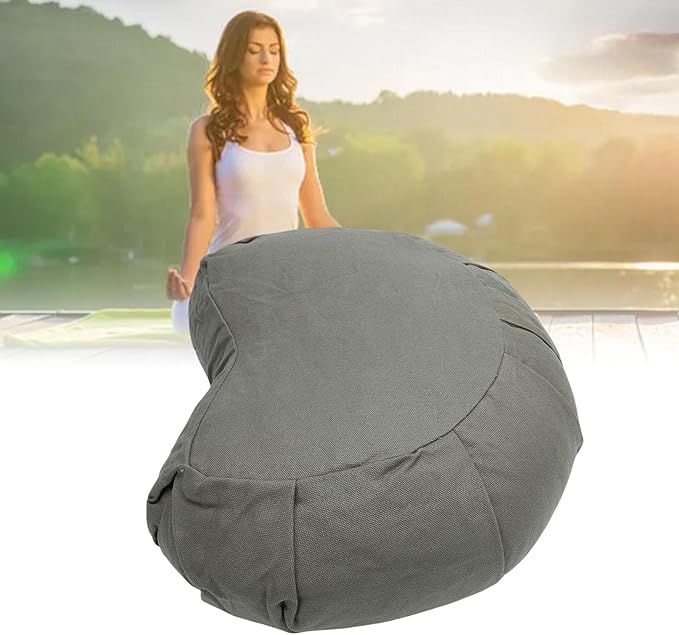 Semme Half Moon Meditation Cushion, Buckwheat Hulls Filled Yoga Pillow with Cotton Cover, for Floor Seating Mat Practice Home Office Outdoor (Gray)