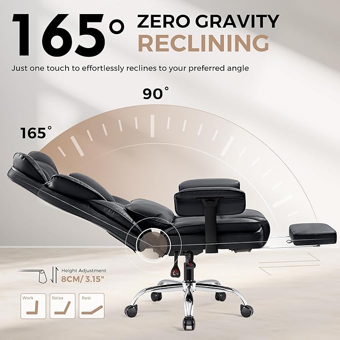 BESTFAIR Big and Tall Office Chair - Heavy Duty 400 LBS Executive Chair with Foot Rest, High Back Ergonomic Desk Chair, Padded Wide Seat Gaming Chair, Adjustable Armrests, Black 2 Pack