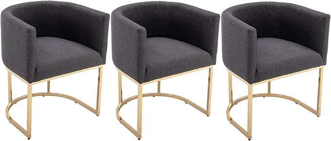 VESCASA Linen Upholstered Dining Chairs with Barrel Back, Mid Century Modern Padded Restaurant Chairs with Gold Metal Frame for Kitchen, Dining Room, Set of 3, Charcoal