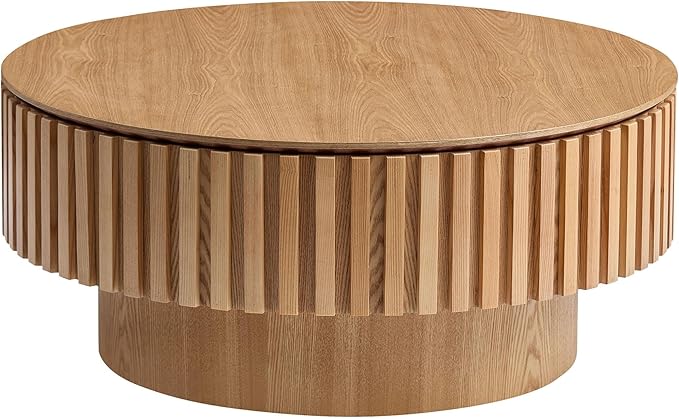 31.49'' Round Wood Coffee Table with Storage for Living Room, Modern Handcraft Drum Coffee Table, Circle Wooden Table for Small Space Apartment (Ash, Ø31.49 x 13.77 with Storage)