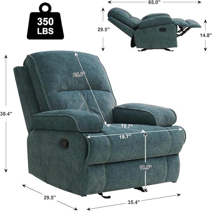 KeyEnergy Manual Rocker Recliner Chair for Adults, High Back Glider with Deep Seat, Upholstered Fabric Armchair for Living Room & Nursery, Blue