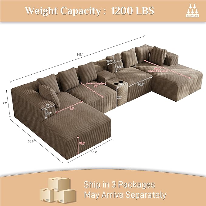 Modular Sectional Sofa with USB Cup Holders Storage, 143" U Shaped Cloud Couch Plush Corduroy Deep Seat Boneless Sofas with Double Chaise Lounge Sectional Couches Memory Foam for Living Room - Camel