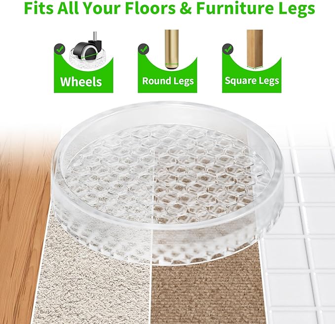 GAGUIUP Clear Non Slip Furniture Pads - 2.5" Anti Slide Caster Cups, 8PCS Round Furniture Coasters for Hardwood floors & Carpet, Wood Floor Protectors for Furniture Leg, Table Chair Couch Bed Stoppers