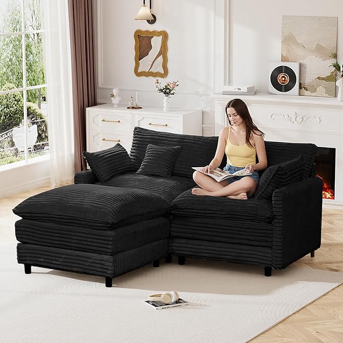 HYJT-H&K 74" L Shaped Cloud Couch Modular Small Sectional Couches for Living Room Small Spaces, Comfy Fluffy Corduroy Cloud Loveseat with Ottoman 3 Seat Sectionals Sofa, Black