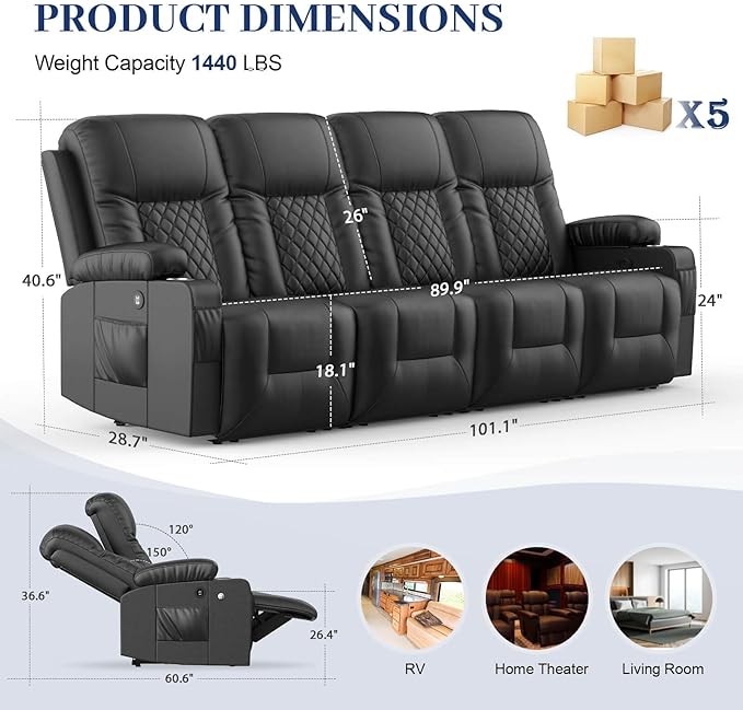 FURNIMAT Oversized Recliner Sofa Set with 4+1 Pieces in Living Room, 4 Seater Reclining Sofa with USB Ports, Cell Phone Holders, 1 Recliner Chair with Vibration Massage and Heat Single Sofa Seat