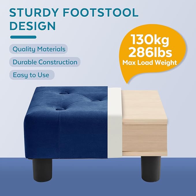 FIMIVIBI Small Foot Stool Ottoman, Velvet Footstool Ottoman Foot Rest for Couch, Rectangle Footstools and Ottomans Small for Living Room, Entryway and Bedroom (Blue)