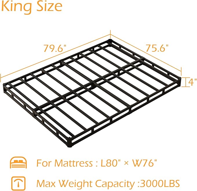 Maenizi King Size Box Spring 4 Inch Low Profile, Heavy Duty Metal Box Spring Bed Base with Fabric Cover, Mattress Foundation, Easy Assembly, Noise Free, Black