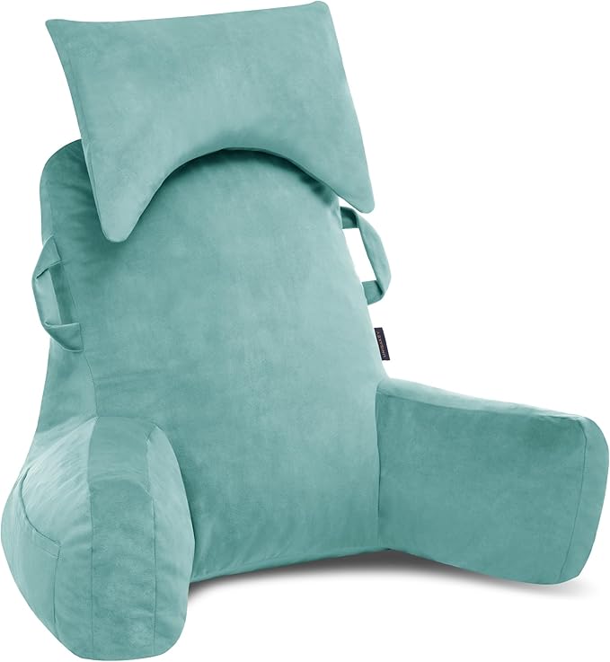 Unisakey Portable Reading Pillows with Headrest for Bed Sitting Up(Lake Blue Oeko-Tex), Velvet Back Pillow with Arms & Pockets for Adults, Support Memory Foam Bed Pillow for Dorm/Watching/Gaming