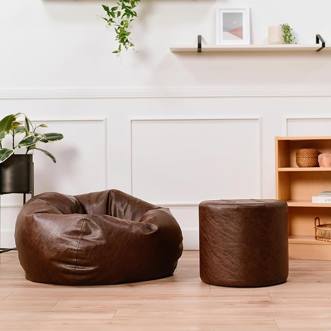 Factory Direct Partners 35" Rustic Western Bean Bag Chair; Distressed Faux Leather, Low to Ground for Reading, Playing Video Games and Relaxing; Flex Seating for Home and School - Walnut, 10478-323