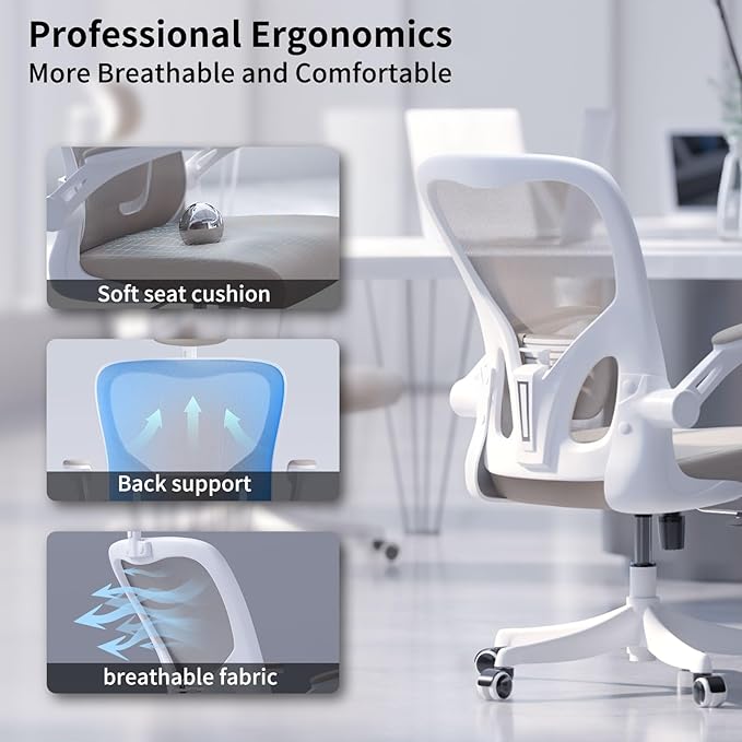 Monhey Office Chair Ergonomic Desk Chair with Lumbar Support&Headrest&Flip-up Arms Height Adjustable Rocking Swivel High Back Computer Chair Multi-Angle from 90° to 125° with 350LBS Capacity (01Khaki)