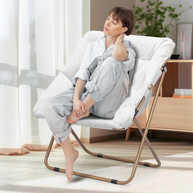 Athena Collection Saucer Chair for Adult, Square Comfy Cozy Chair Folding Chair Faux Fur Metal Frame Foldable Reading Chair Accent Chair for Bed Room Living Room, White