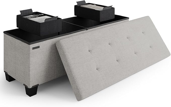 STORAGEBUD Storage Ottoman Bench with Bins, 43-in Storage Bench for Bedroom End of Bed, Folding Foot Rest Ottoman for Living Room Max 660lbs, Fabric Ottomans, Light Grey