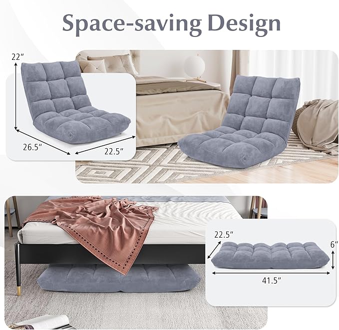 Folding Floor Chair w/Back Support, 14-Position Adjustable Lazy Sofa Chair w/Coral Velvet Fabric & Alloy Steel Frame, Portable Meditation Chair for Reading, Gaming,Sleeping (Grey)