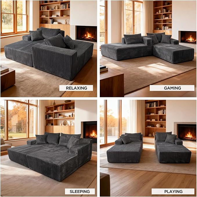 Sytopia Loveseat Chaise Lounge with Armrests, Oversized Sofa Bed with 4 Pillows, Cozy Boneless Sleeper, Modular Sectional Couch for Living Room Bedroom, Floor Chair Furniture sala Corduroy