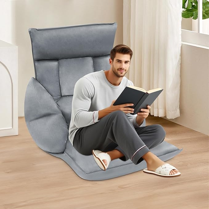 Eapmic Floor Chair, Lazy Sofa, Folding Chair Bed with 5-Position Adjustable Headrest & Backrest, Indoor Chaise Lounger, Gaming Recliner for Reading Gaming Meditation Living Bedroom (Grey)