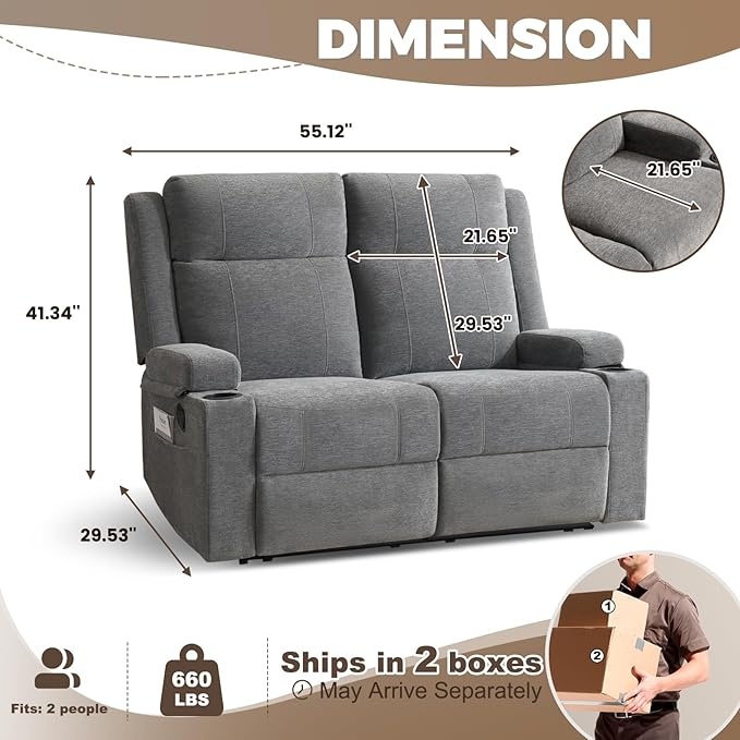 PALLOME Manual Reclining Loveseat Sofa, 2-Seater Recliner Couch with Cup Holders, Fabric Reclining Sofa for Living Room/RV (Gray)