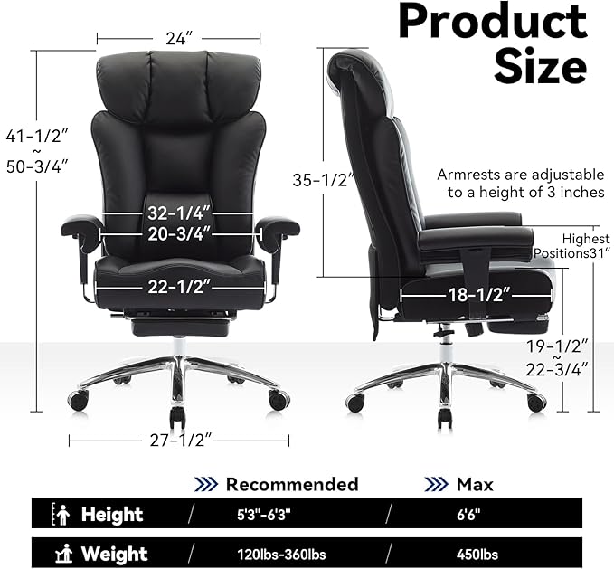 Efomao Big and Tall Office Chair 450lbs, 5.9" Thick Pocket Spring Executive Chair with Footrest, High Back PU Leather Ergonomic Desk Chair, Wide Computer Chair, Black