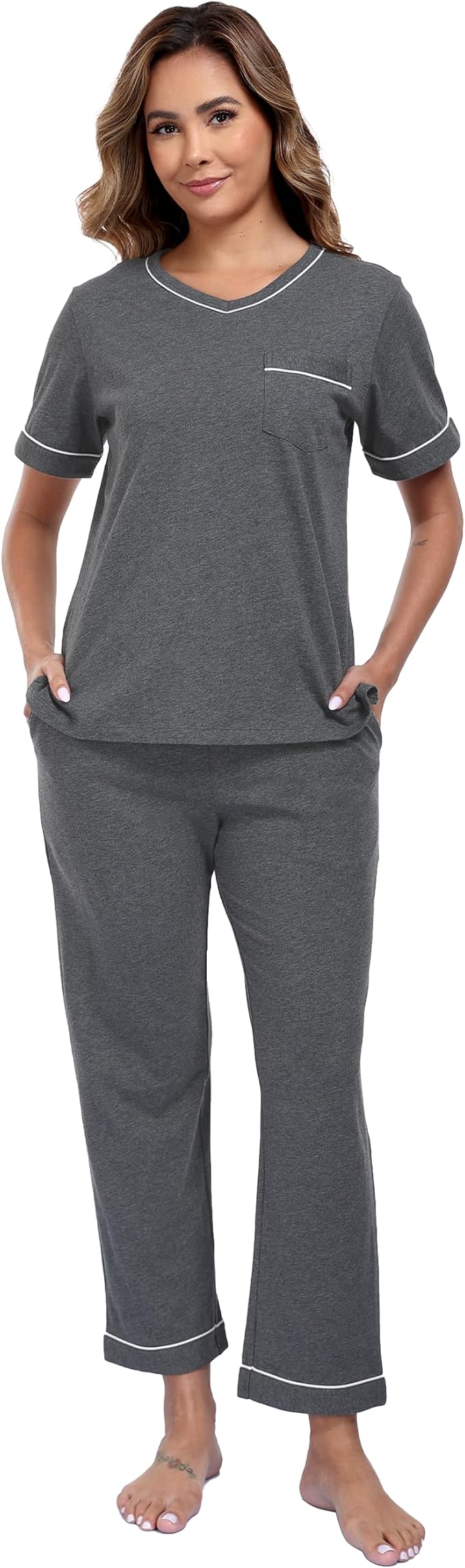 CF Women's 100% Cotton Pajama Sets Soft Short Sleeve Tops & Pants Comfy Sleepwear 2 Piece Lounge set with Pockets Loungewear