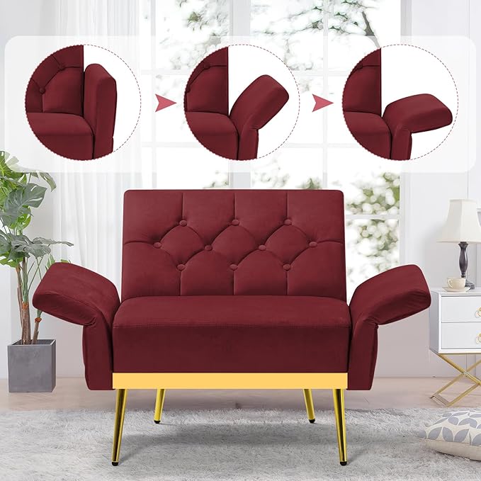 ACMEASE Velvet Accent Chair w/Adjustable Armrests and Backrests, Tufted Single Sofa with Ottoman, Upholstered Reading Chiar for Living Room, Apartment, Bedroom, Red