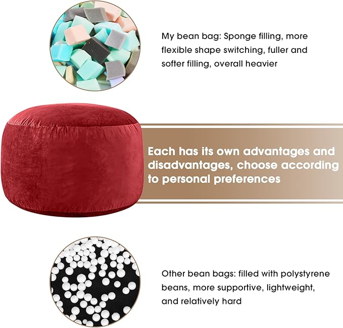 Bean Bag Chairs for Adults - Memory Foam Furniture BeanBag Chair - Kids/Teens Sofa with Soft Micro Fiber Cover - Round Fluffy Couch for Living Room Bedroom College Dorm - 4 ft, Red
