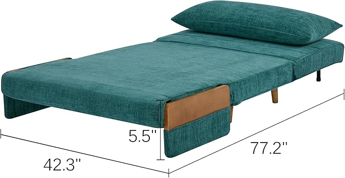CITTANEO 42" Convertible Sleeper Chair, 3-in-1 Chair Bed Sleeper for Adults with Adjustable Backrest, Pillow & Wooden Arms, Loveseat Sofa Bed for Apartment, Office, Peacock Blue