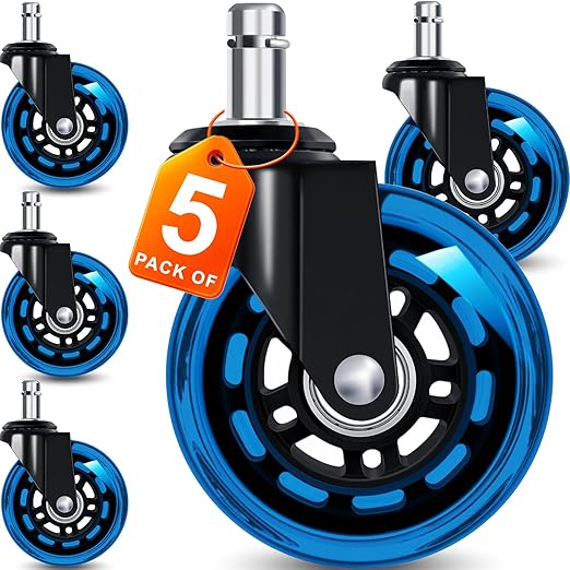 FreekyFit Office Chair Wheels for Casters Replacement - 3" Rubber Wheels for Computer Gaming Desk Caster Smooth & Safe Rolling for All Floors Including Hardwood and Carpet - Set of 5 - Blue