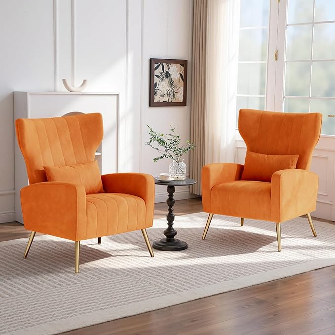 Nalupatio Modern Accent Chairs for Set of 4 Upholstered Velvet Fabric Reading Chair Mid Century Arm Chair Comfy Armchair for Living Room,Orange