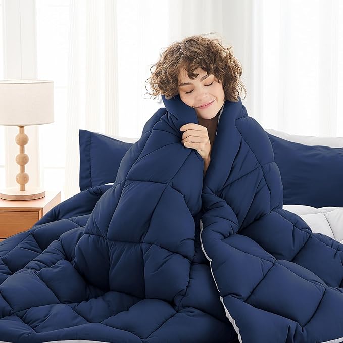 MUXHOMO 7 Pieces King Comforter Set, Reversible Bed in a Bag King Size, All Season Bedding Set with Comforter, Flat Sheet, Fitted Sheet, Pillowcases & Shams, Navy & Light Grey