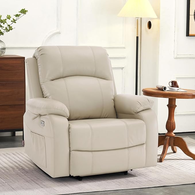 MCombo Small-Wide Power Lift Recliner Chair with Massage and Heat for Petite Elderly People, 3 Positions, 2 Side Pockets, USB Ports, Faux Leather R7410 (Beige, Small-Wide)