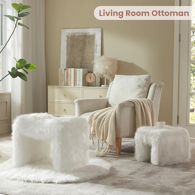 Ottoman Set of 2 Small Footstool Ottoman Vanity Stool Chair Faux Fur Seating Backless Modern Foot Rest Furry for Makeup Room Living Room Bedroom Entryway,White (2-in-1)