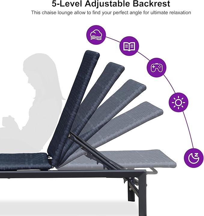 PURPLE LEAF Patio Chaise Lounge Chairs Outdoor Set of 2, Wicker Pool Lounge Chairs for Outside with Adjustable Backrest, Aluminum Sunbathing Lounger for Patio, Poolside, Garden, Navy Blue