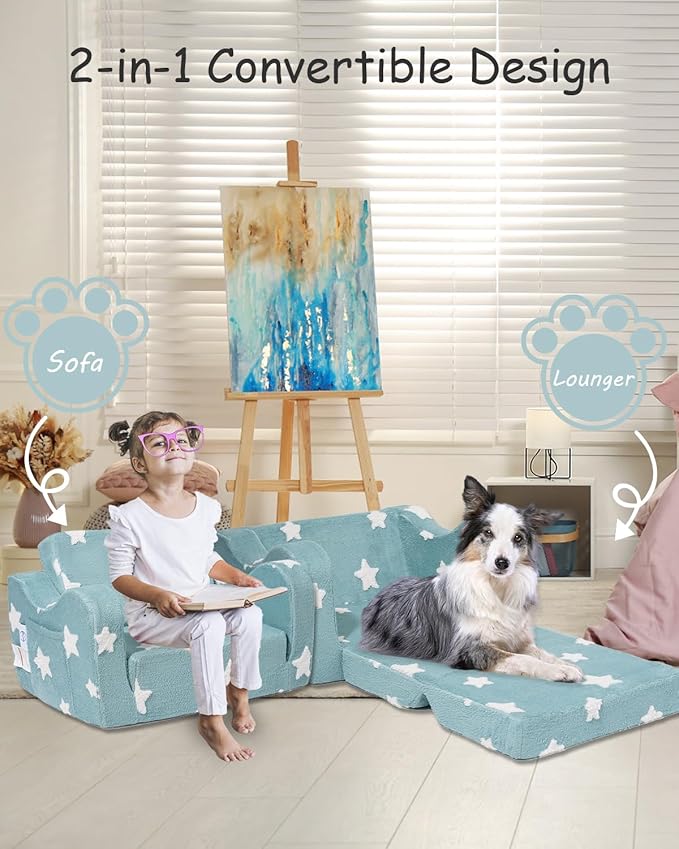 Toddler Couch, Kids Couch for Toddler Fold Out, 2-in-1 Convertible Kid Sofa to Lounger Bed for Girls and Boys, Ideal for Reading Sleeping Gaming Decor (Green)