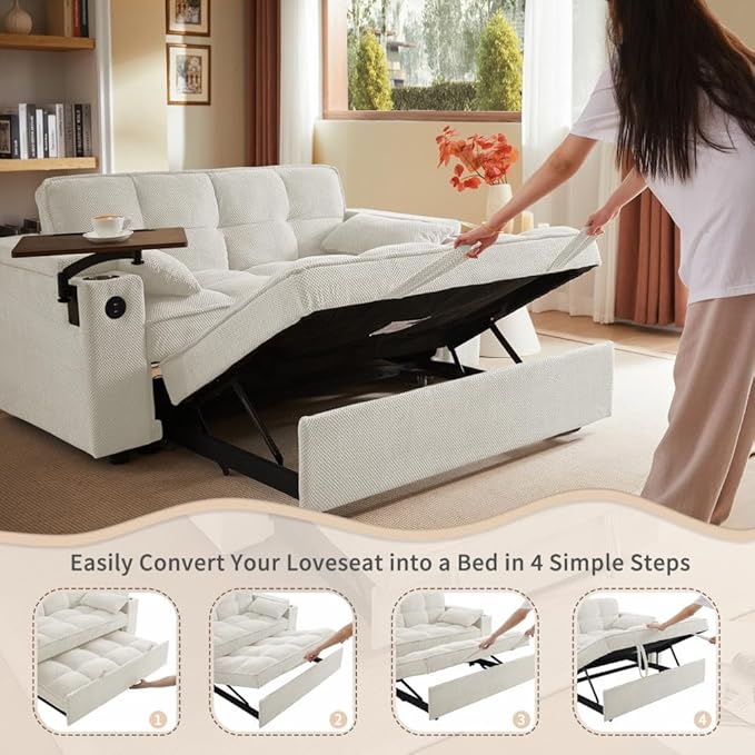 oaaktu ﻿ Large Size Convertible Sleeper Sofa Bed,Polka dot Velvet Pull Out Futon Couch with Storage handrails & Rotating Side Tables,Convertible Sofa Couch for Living Room,RV (Beige)