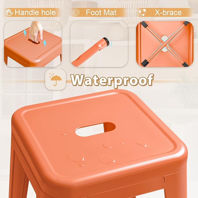 Furmax 30 Inch Metal Bar Stools Set of 4, Counter Height Backless Stools, Industrial Bar Chairs Patio Stool Stackable Backless Stool for Kitchen/Dining Room/Bistro/Patio Indoor Outdoor (Orange)