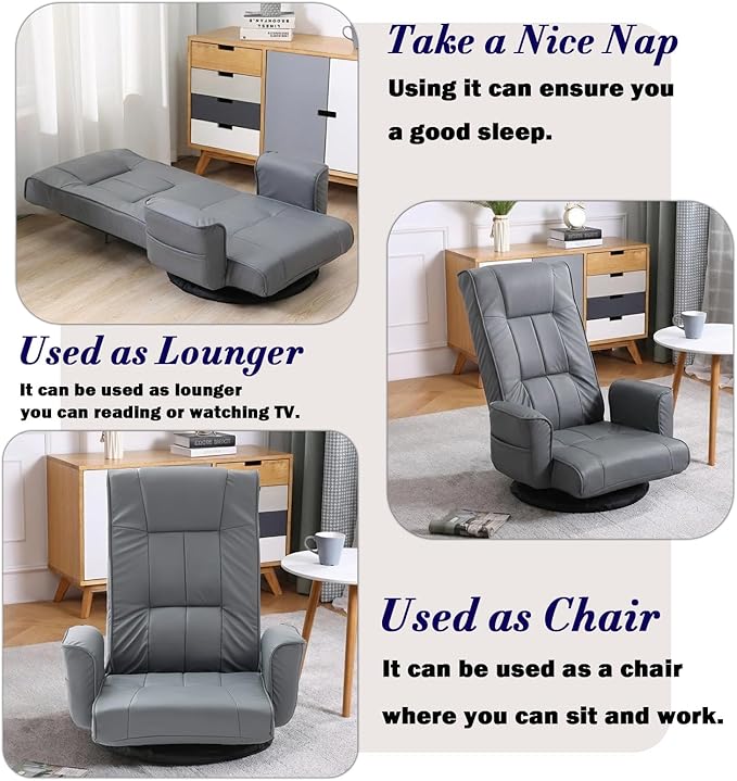 360 Degree Swivel Floor Chairs for Adults, Faux Leather Gaming Floor Chair with Back Support, 14 Angles Adjustable Comfortable Floor Lounge Chair Folding Video Game Chairs Office Bedroom