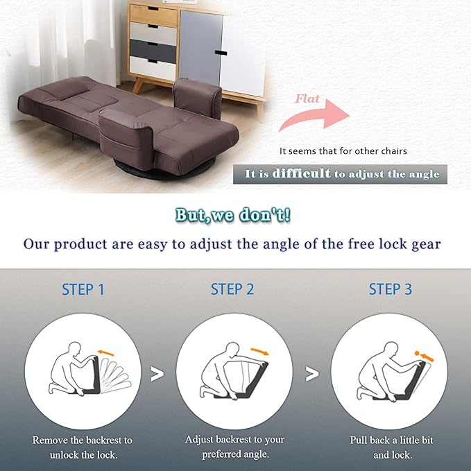 360 Degree Swivel Floor Chairs for Adults, Faux Leather Gaming Floor Chair with Back Support, 14 Angles Adjustable Comfortable Floor Lounge Chair Folding Video Game Chairs Office Bedroom