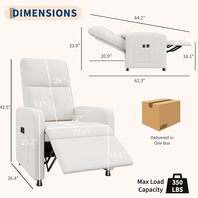 GarveeHome Power Recliner Chair, Adjustable Electric Recliner Ergonomic Overstuffed Single Sofa, Tall Back, Padded Seat, 2 Side Pockets and USB Port, Home Theater Seating for Living Room