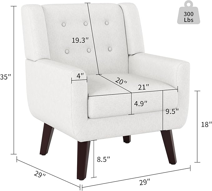 Accent Chairs Set of 2, Mid-Century Modern Upholstered Living Room Armchair, Comfy Linen Fabric Single Reading Arm Chair with Tufted Back and Wood Legs for Bedroom, Club (2, Beige)