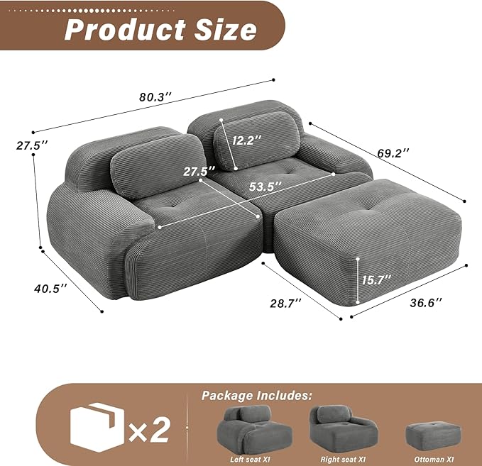 SoarFlash 81” Sectional Cloud Boneless Sofa Couches for Living Room-2 Seater L-Shaped Modern Lounge Couch-No Assembly Modular Corduroy Convertible Sponge Sleeper Sofas with Chaise for Home House,Grey