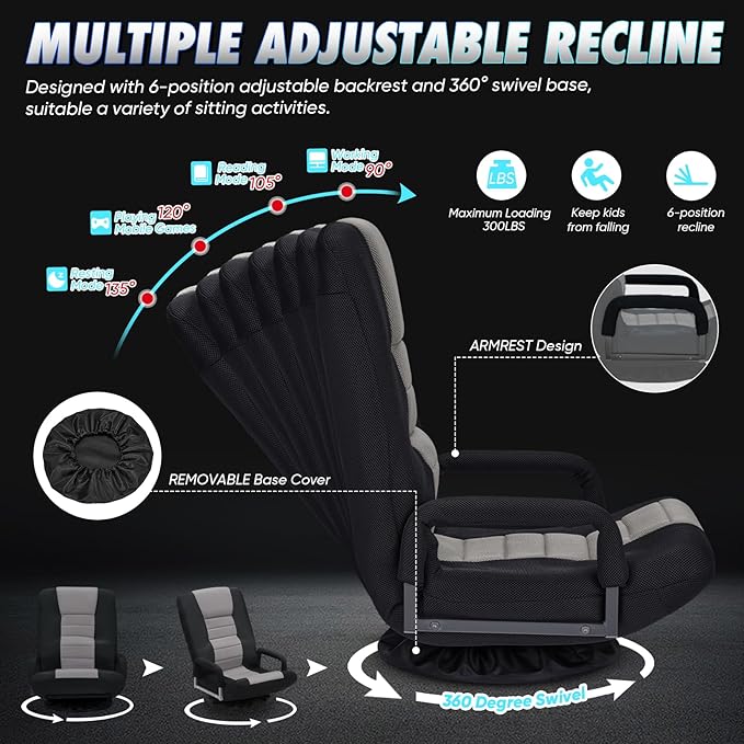 Swivel Gaming Chair 360 Degree Multipurpose Floor Chair w/Armrest & 6 Adjustable Postions Backrest for Adults & Kids, for Reading, Gaming, Watching, Relaxing, Grey
