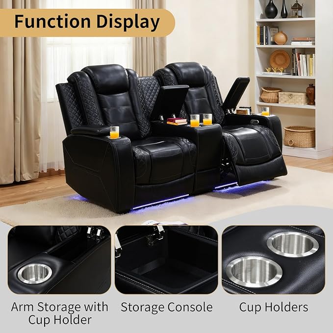 Caberryne Power Recliner Sofa Set with LED Lights,Leather Reclining Couch and Loveseat Set with USB Port/Coffee Table/Cup Holder,Living Room Set with 4 Recliner Seats for House(2 Piece Set,Black)