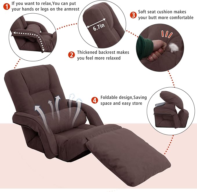 Foldable Lazy Sofa Bed 14-Position Adjustable Comfy Floor Chair Chaise Lounge with Armrests and Pillow with Gaming Recliner for Adults Kids with Foot Rest Futon Sofa (Brown)