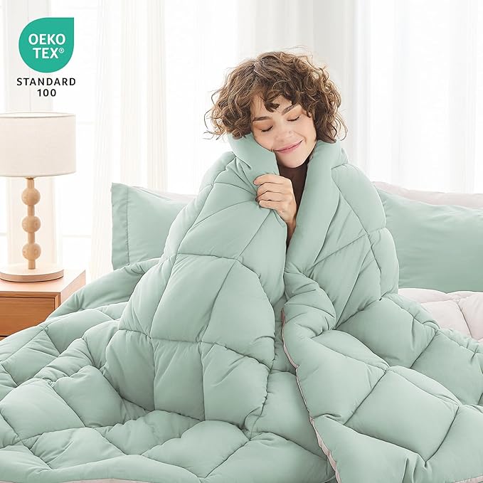 MUXHOMO 5 Pieces Twin Comforter Set, Reversible Bed in a Bag Twin Size, All Season Bedding Set with Comforter, Flat Sheet, Fitted Sheet, Pillowcases & Shams, Sage Green & Beige