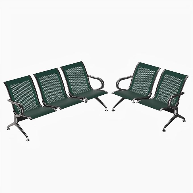 Kinfant 5-Seat Waiting Room Chair - Office Guest Reception Chairs with Ergonomic Backrests, Airport Waiting Bench with Armrests, Metal Waiting Furniture for Hospital, Dark Green (2-Seater+3-Seater)