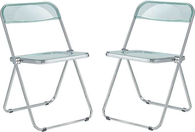 LeisureMod Lawrence Modern Clear Acrylic Folding Chair with Metal Frame, Space-Saving Transparent Seating for Dining Room, Home Office, Bedroom, Vanity or Small Spaces, (Jade Green, Set of 2)