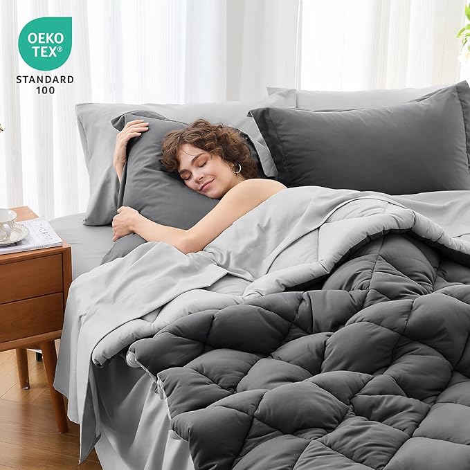 MUXHOMO 7 Pieces Full Comforter Set, Reversible Bed in a Bag Full Size, All Season Bedding Set with Comforter, Flat Sheet, Fitted Sheet, Pillowcases & Shams, Dark Grey & Light Grey