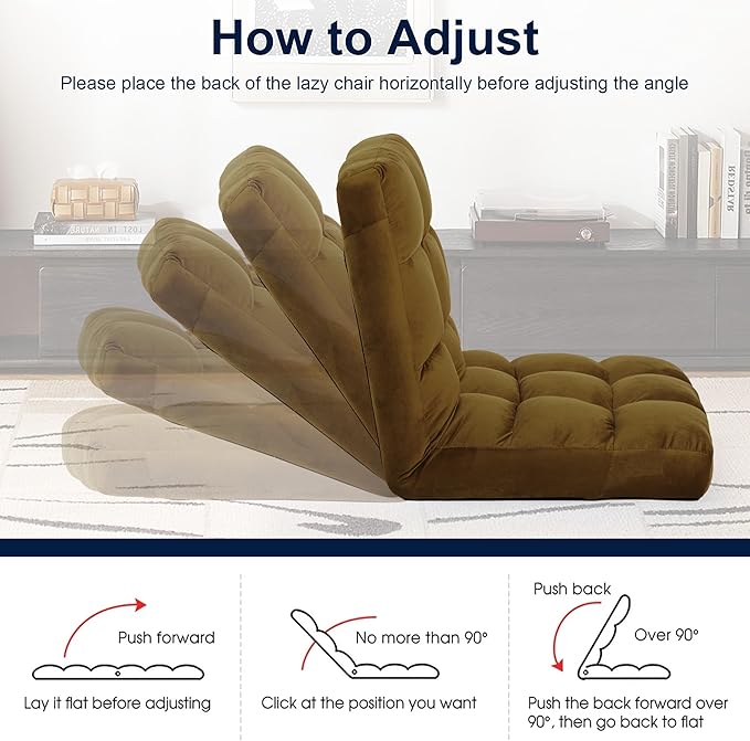 Floor Chair, 24 inches Wide Oversized Velvet Armless Lay Flat Floor seat Padded Meditation Chair with 6 Adjustable Position Ergonomic Comfortable Convenient(LRSF-014-TAN)