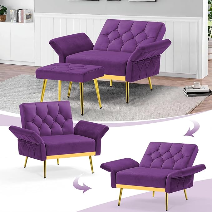 ACMEASE Velvet Accent Chair w/Adjustable Armrests and Backrests, Tufted Single Sofa with Ottoman, Upholstered Reading Chiar for Living Room, Apartment, Bedroom, Purple