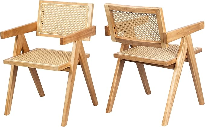 Rattan Dining Chairs Set of 4, Wooden Armchair Cane Kitchen Chairs with Arms, Light Walnut Color