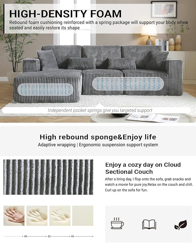 Vanress 110" Cloud Couch Sectional, Corduroy Boneless Couch with L-Shape Chaise,Modern Modular Sectional Sofa Comfy Deep Seat for Living Room, Bedroom, No Assembly (Dark Grey, Right Facing Chaise)